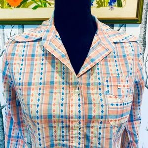 Vintage Western Prairie Folk Plaid Button Up Casual  Long Sleeve Shirt Top